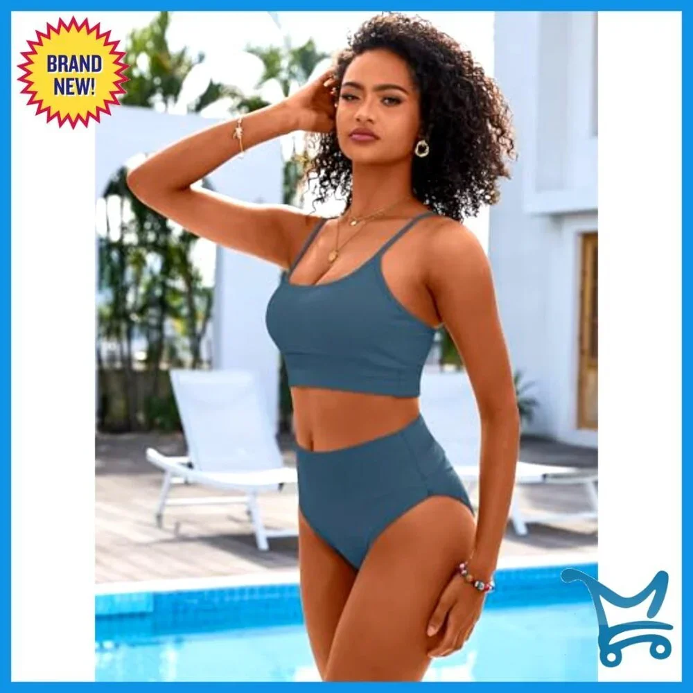 High Waisted Ribbed Bikini Set Tummy Control Adjustable Straps Summer Beach